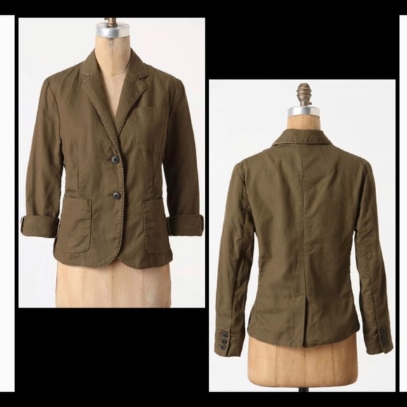 Anthropologie CARTONNIER Olive Green Piped Boy Blazer Jacket - Picture 3 of 6
